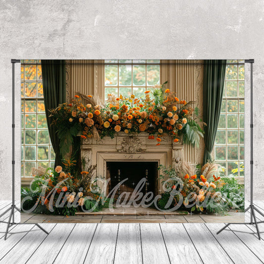 Lofaris Green Curtain Fireplace Vintage Cake Smash Backdrop