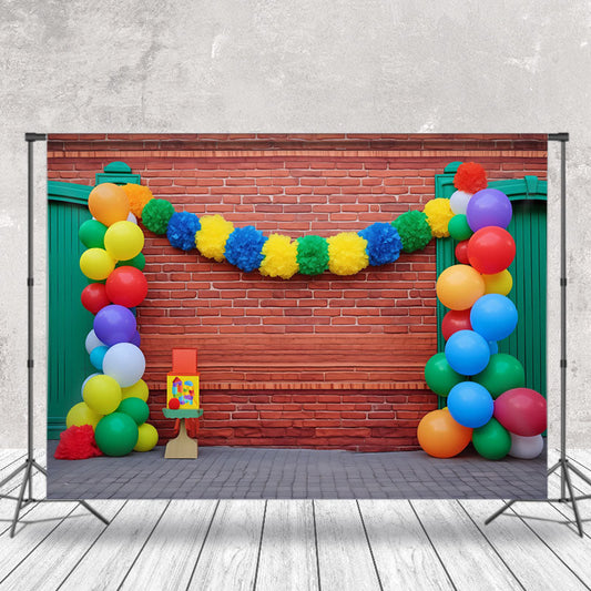 Lofaris Green Door Colorful Balloons Red Brick Backdrop