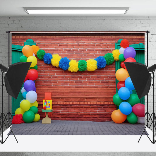 Lofaris Green Door Colorful Balloons Red Brick Backdrop