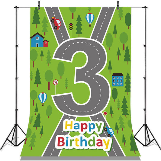 Lofaris Green Forest Cross Road Happy 3rd Birthday Backdrop