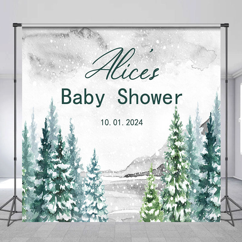 Lofaris Green Forest Snowy Custom Name Baby Shower Backdrop