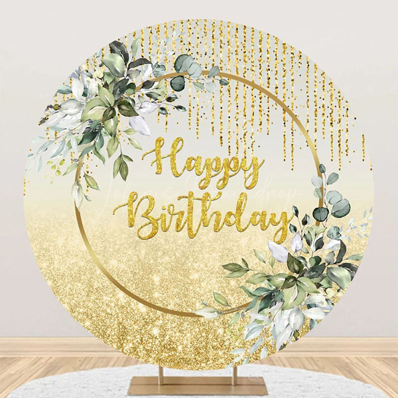 Lofaris Green Gold Glitter Leaves Round Birthday Backdrop