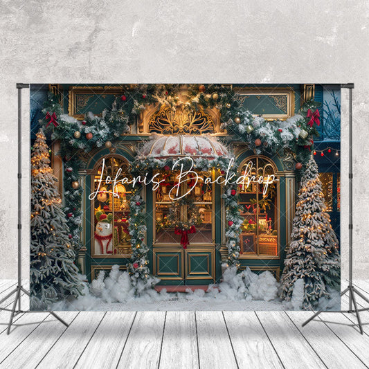 Lofaris Green Gold Store Door Snow Trees Christmas Backdrop