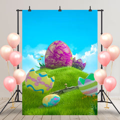 Lofaris Green Grass Colored Eggs Blue Sky Birthday Backdrop