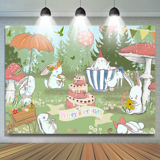 Lofaris Green Grassland Cute Rabbit Happy Birthday Backdrop