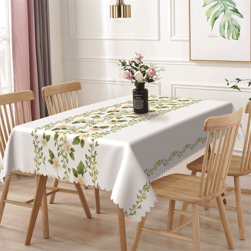 Lofaris Green Leaf Floral White Simple Rectangle Tablecloth