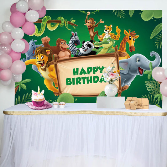Lofaris Green Leaves Animals Wood Sign Birthday Backdrop
