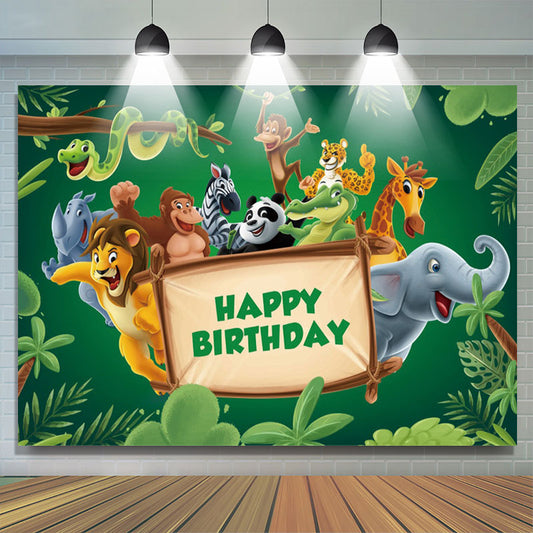 Lofaris Green Leaves Animals Wood Sign Birthday Backdrop