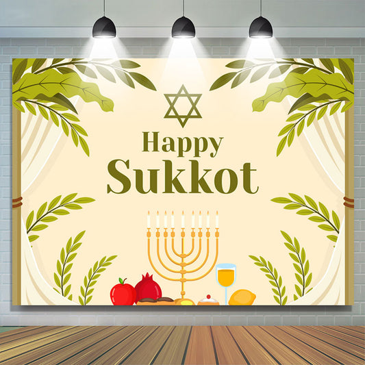 Lofaris Green Leaves Beige Curtain Candlestick Sukkot Backdrop