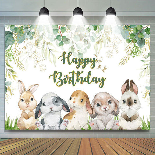 Lofaris Green Leaves Cartoon Rabbit Happy Birthday Backdrop