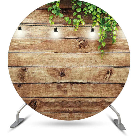 Lofaris Green Leaves Light Wood Wall Round Birthday Backdrop