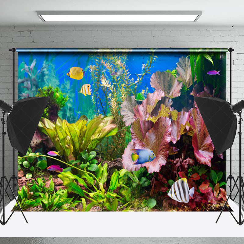 Fish Backdrop Abstract Green Leaves Pink Floral Ornamental Fish Backdrop - Lofaris