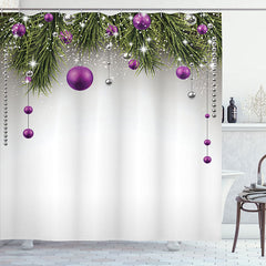 Lofaris Green Leaves Purple Ball Christmas Shower Curtain