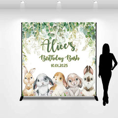 Lofaris Green Leaves Rabbits Custom Name Birthday Backdrop