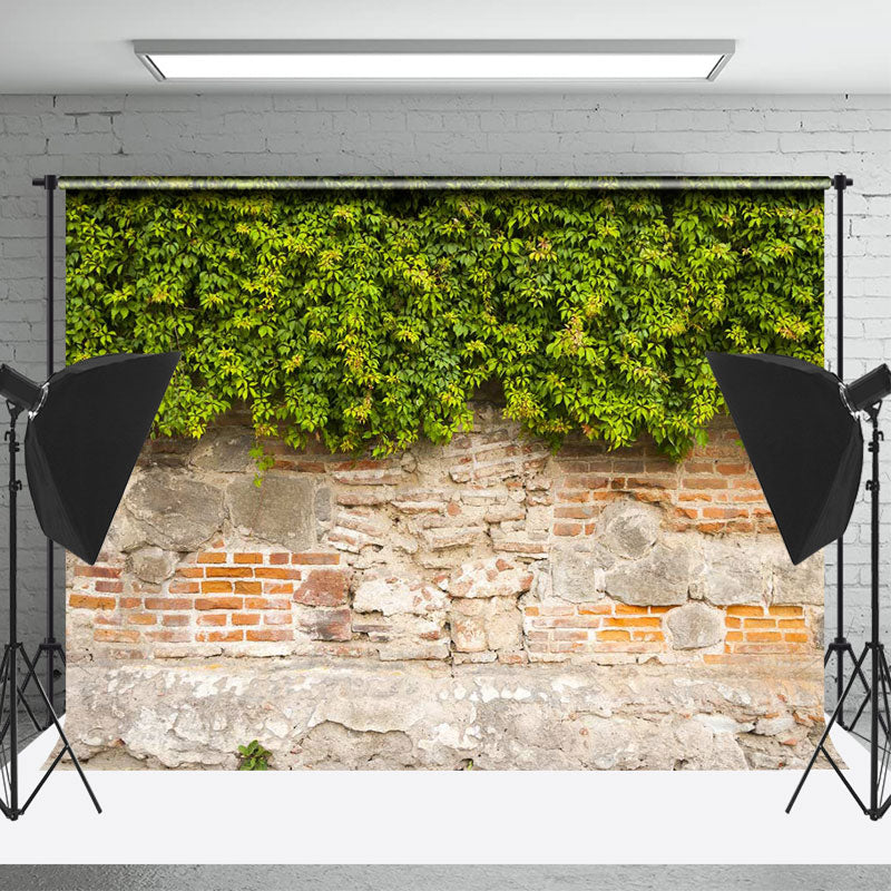 Lofaris Green Leaves Rural Brick Wall Photography Backdrop