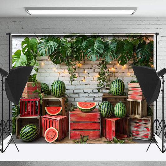 Lofaris Green Leaves Watermelon Brick Wall Summer Backdrop