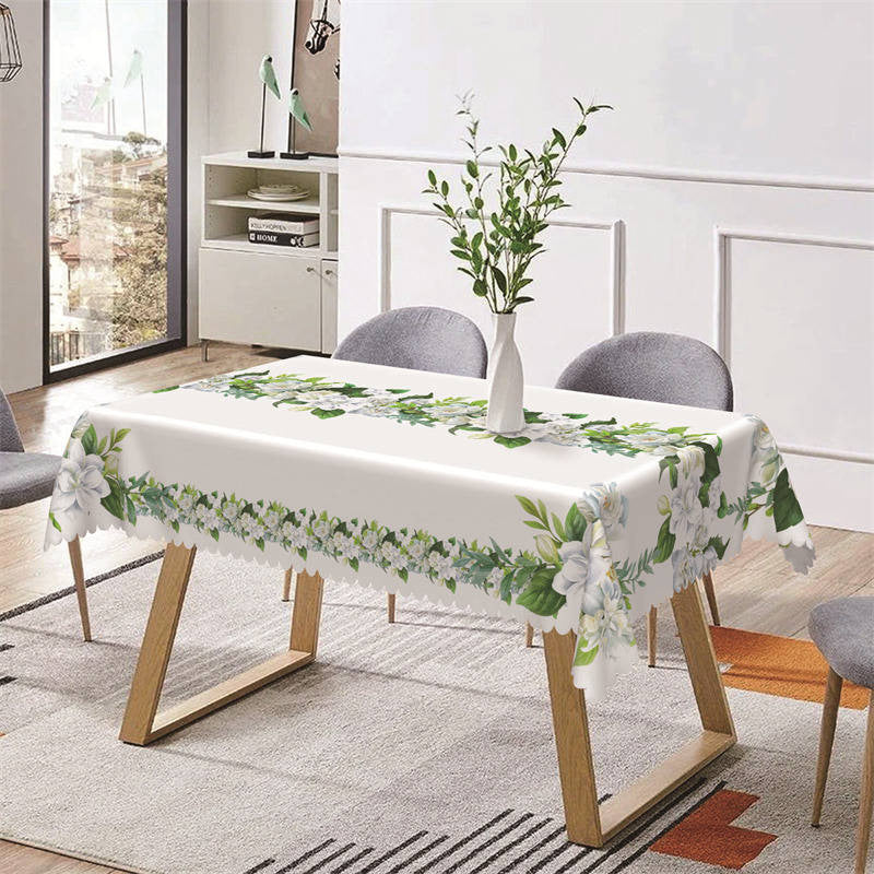 Lofaris Green Leaves White Floral Fresh Rectangle Tablecloth