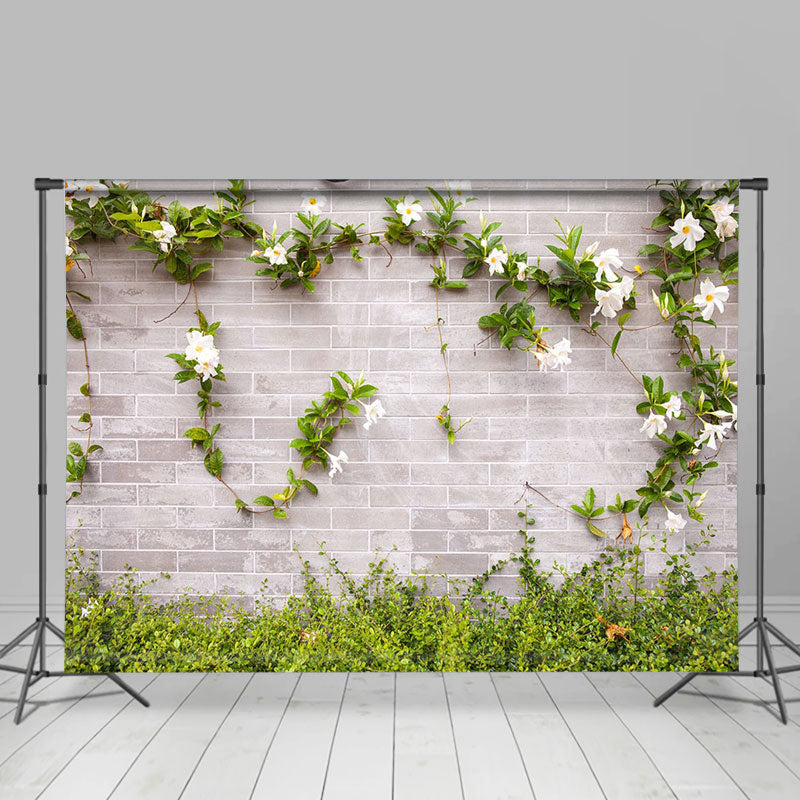 Lofaris Green Leaves White Floral Wall Portrait Backdrop