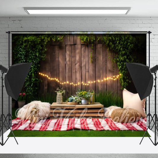 Lofaris Green Leaves Wood Fence Grass Picnic Photo Backdrop