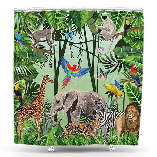Lofaris Green Monstera Forest Safari Animal Shower Curtain