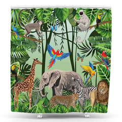 Lofaris Green Monstera Forest Safari Animal Shower Curtain