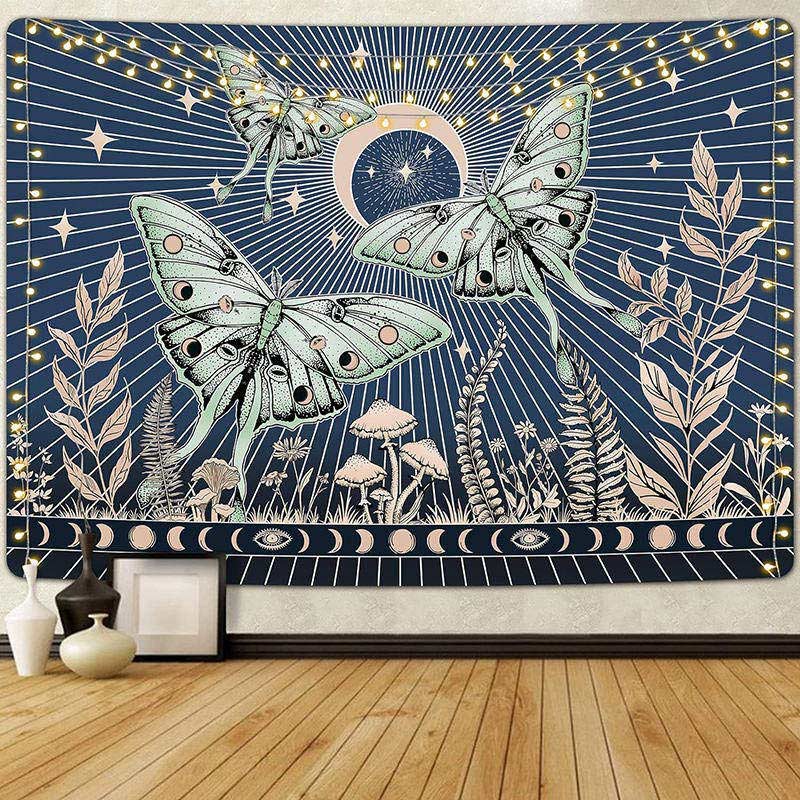 Lofaris Green Moth Moon Lights Star Mushroom Weeds Tapestry