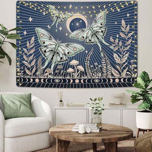 Lofaris Green Moth Moon Lights Star Mushroom Weeds Tapestry