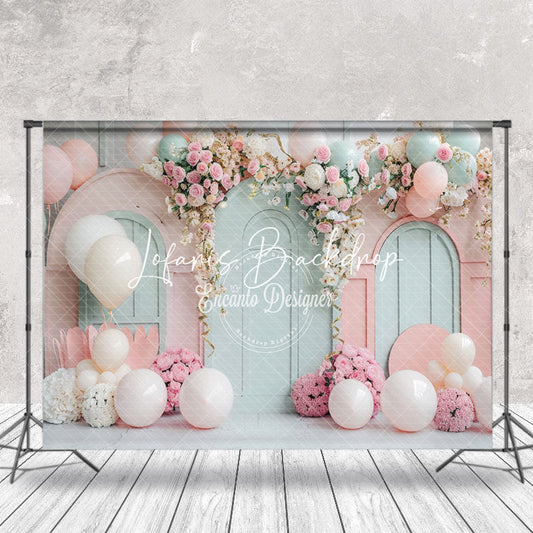 Lofaris Green Pink Balloons Floral Cake Smash Photo Backdrop