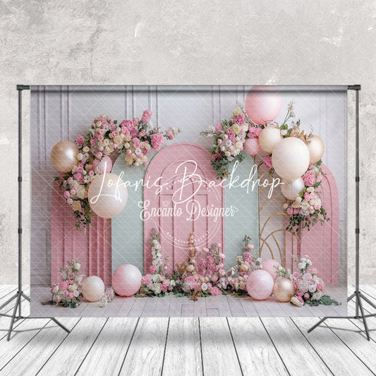 Lofaris Green Pink Floral Balloons Cake Smash Photo Backdrop