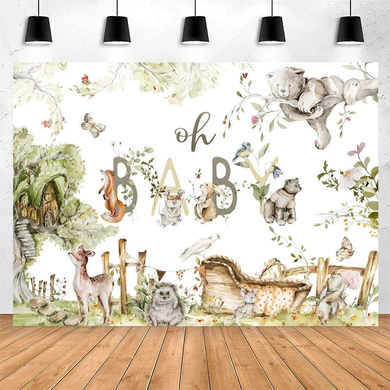 Lofaris Green Woodland Wild Floral Baby Shower Backdrop