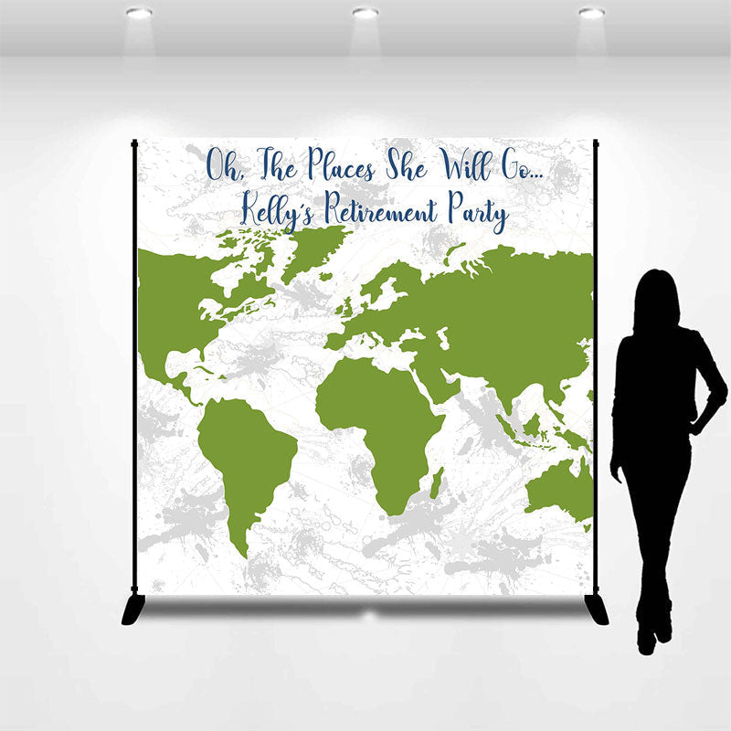 Green World Map Personalized Retirement Backdrop - Lofaris