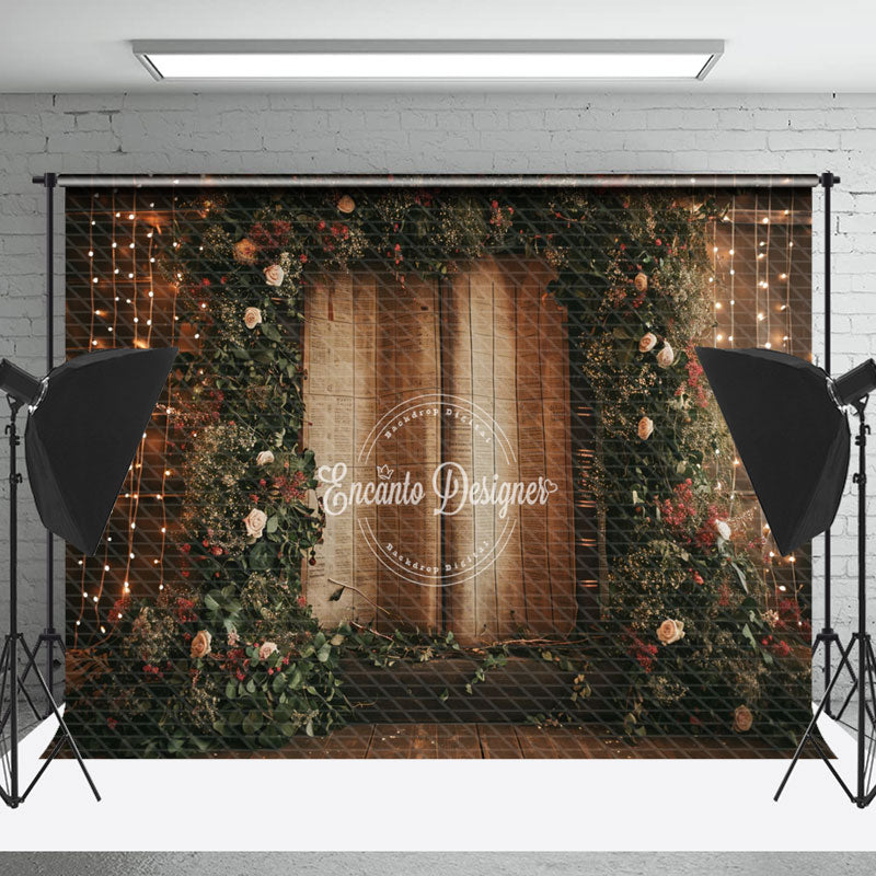 Lofaris Green Wreath Book Light Strings Wood Wall Backdrop