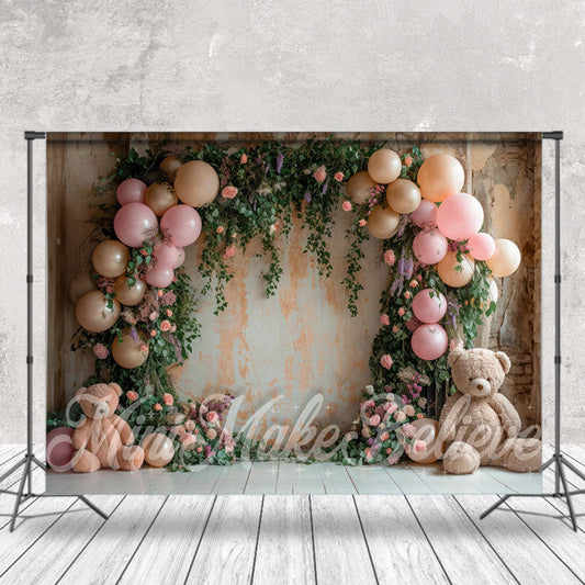 Lofaris Greenery Balloon Bear Birthday Cake Smash Backdrop