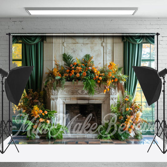 Lofaris Greenery Retro Floral Fireplace Cake Smash Backdrop