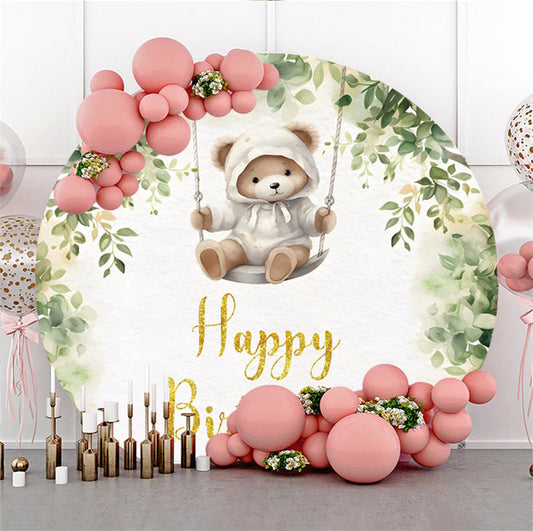 Lofaris Greenery Teddy Bear Swing Round Birthday Backdrop