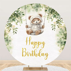 Lofaris Greenery Teddy Bear Swing Round Birthday Backdrop