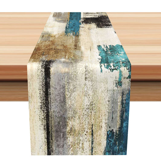 Lofaris Grey Cyan Watercolor Dining Fabric Table Runner