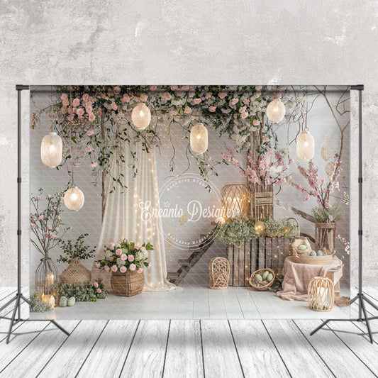 Lofaris Grey Pinkish Floral Woven Lantern Easter Backdrop