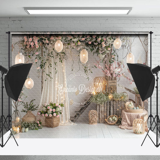 Lofaris Grey Pinkish Floral Woven Lantern Easter Backdrop