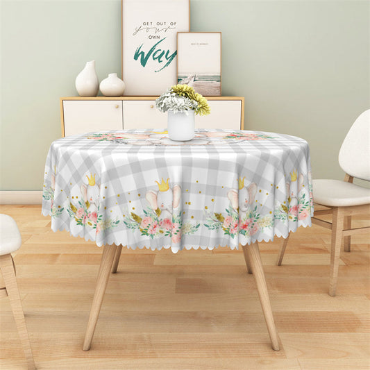 Lofaris Grey White Plaid Elephant Flower Round Tablecloth