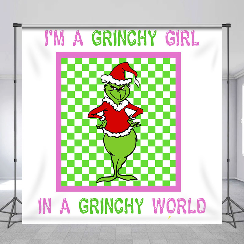 Lofaris Grinchy Green Checkered Rabbit Custom Christmas Backdrop