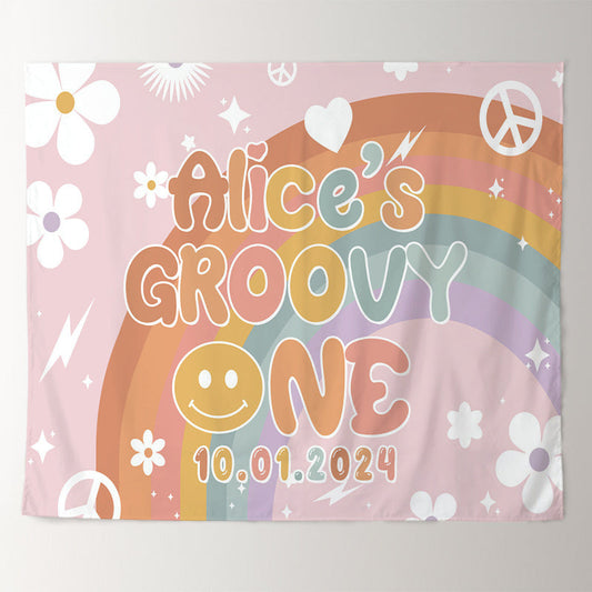 Lofaris Groovy Floral Rainbow Pink Custom 1st Birthday Backdrop