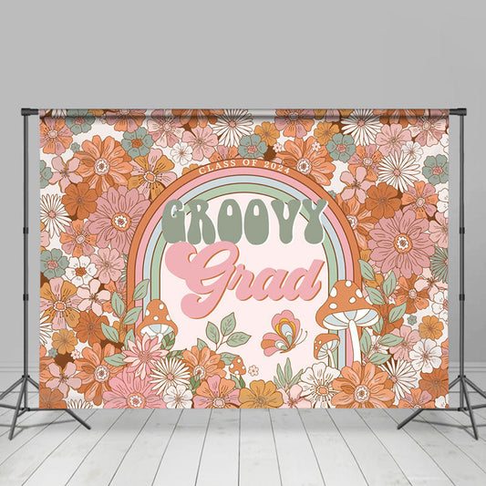 Lofaris Groovy Grad Cartoon Daisy Floral Graduation Backdrop