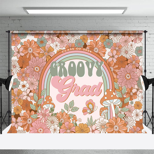 Lofaris Groovy Grad Cartoon Daisy Floral Graduation Backdrop