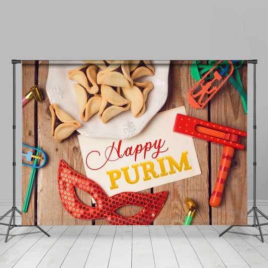 Lofaris Hamantashen Masks Wooden Happy Purim Party Backdrop