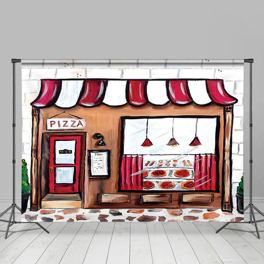 Lofaris Hand Drawn Modern Red Pizza Shop Party Photo Backdrop