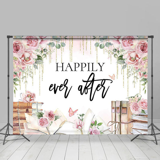 Lofaris Happily Ever After Floral Books Backdrop For Wedding