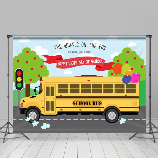 Lofaris Happy 100th Day Of School Yellow Bus Tree Backdrop