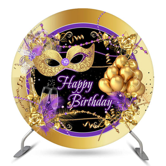 Lofaris Happy Birthday Gold Mask Balloon Round Backdrop