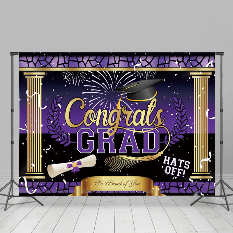 Lofaris Hats Off Purple Golden Pole Graduation Backdrop